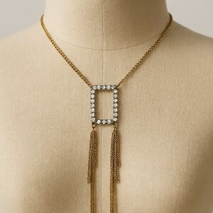 Gold Pave Crystal Rectangle Fringe Necklace – Long Cable Chain Fashion Jewelry